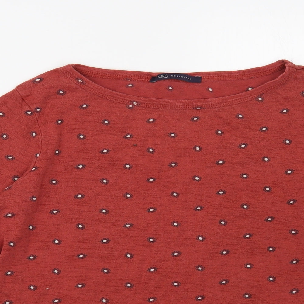 Marks and Spencer Womens Red Floral Cotton Basic T-Shirt Size 16 Boat Neck