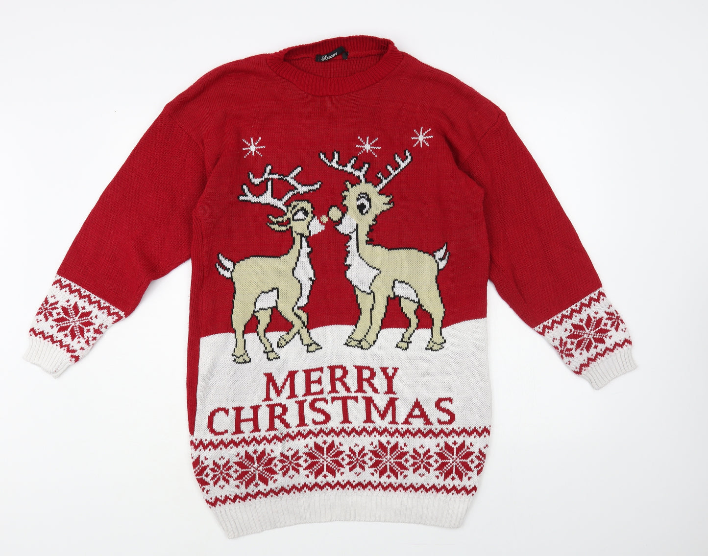 Rumours Womens Red Crew Neck Fair Isle Acrylic Tunic Jumper Size M - Rudolph Christmas