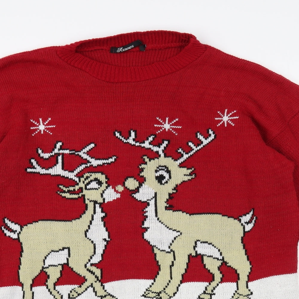 Rumours Womens Red Crew Neck Fair Isle Acrylic Tunic Jumper Size M - Rudolph Christmas