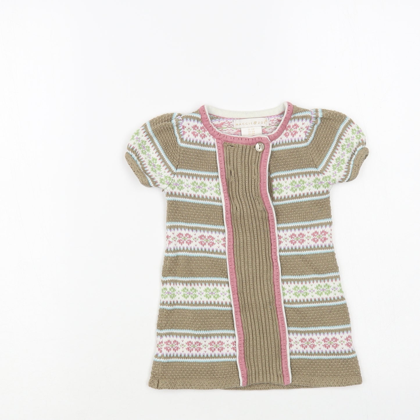 Maggie & Zoe Baby Green Fair Isle Cotton Jumper Dress Size 12 Months Crew Neck Button