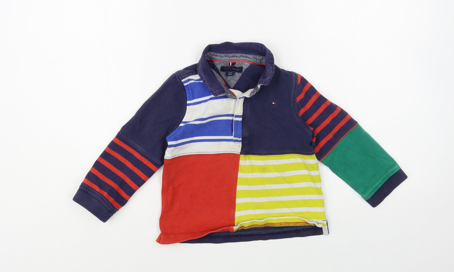 Tommy Hilfiger Boys Multicoloured Striped Cotton Pullover Polo Size 3 Years Collared Button