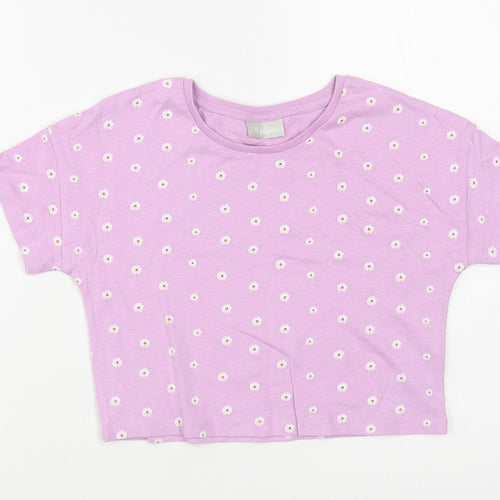 Matalan Girls Purple Floral Cotton Cropped T-Shirt Size 7 Years Crew Neck Pullover