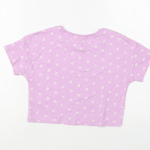 Matalan Girls Purple Floral Cotton Cropped T-Shirt Size 7 Years Crew Neck Pullover