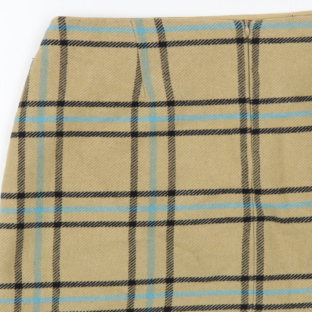 Marks and Spencer Womens Beige Plaid Acrylic A-Line Skirt Size 12 Zip