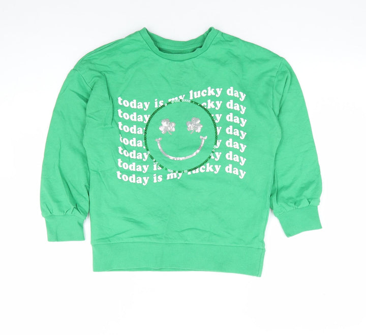 Dunnes Girls Green 100% Cotton Pullover Sweatshirt Size 8-9 Years Pullover - Lucky Day