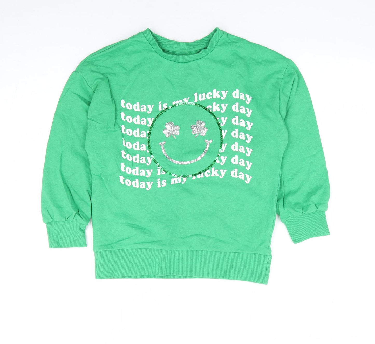 Dunnes Girls Green 100% Cotton Pullover Sweatshirt Size 8-9 Years Pullover - Lucky Day