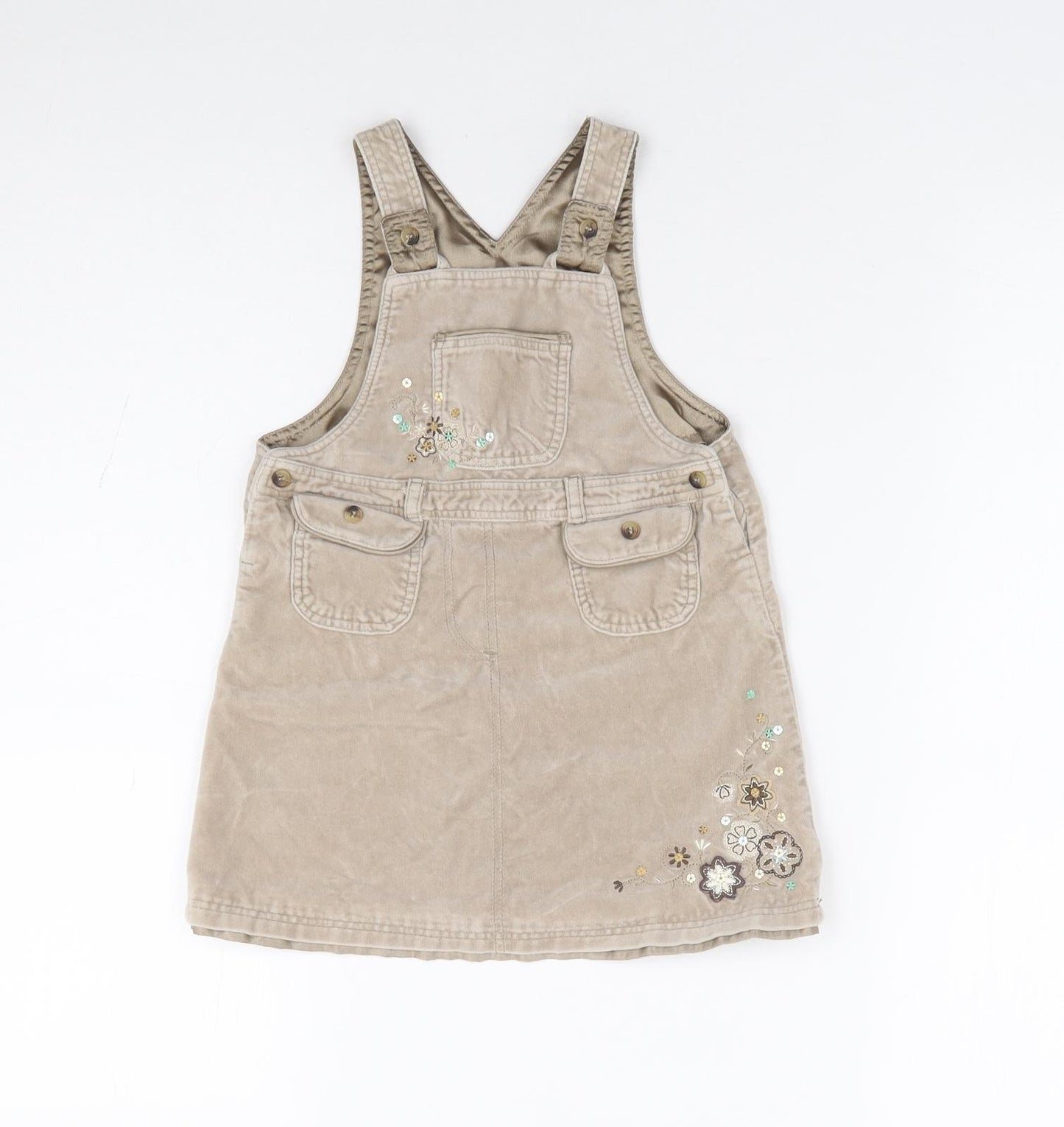 George Girls Beige Floral 100% Cotton Pinafore/Dungaree Dress Size 12-18 Months Square Neck Button