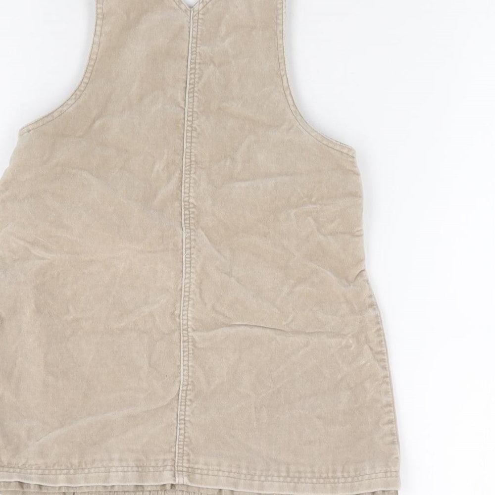 George Girls Beige Floral 100% Cotton Pinafore/Dungaree Dress Size 12-18 Months Square Neck Button