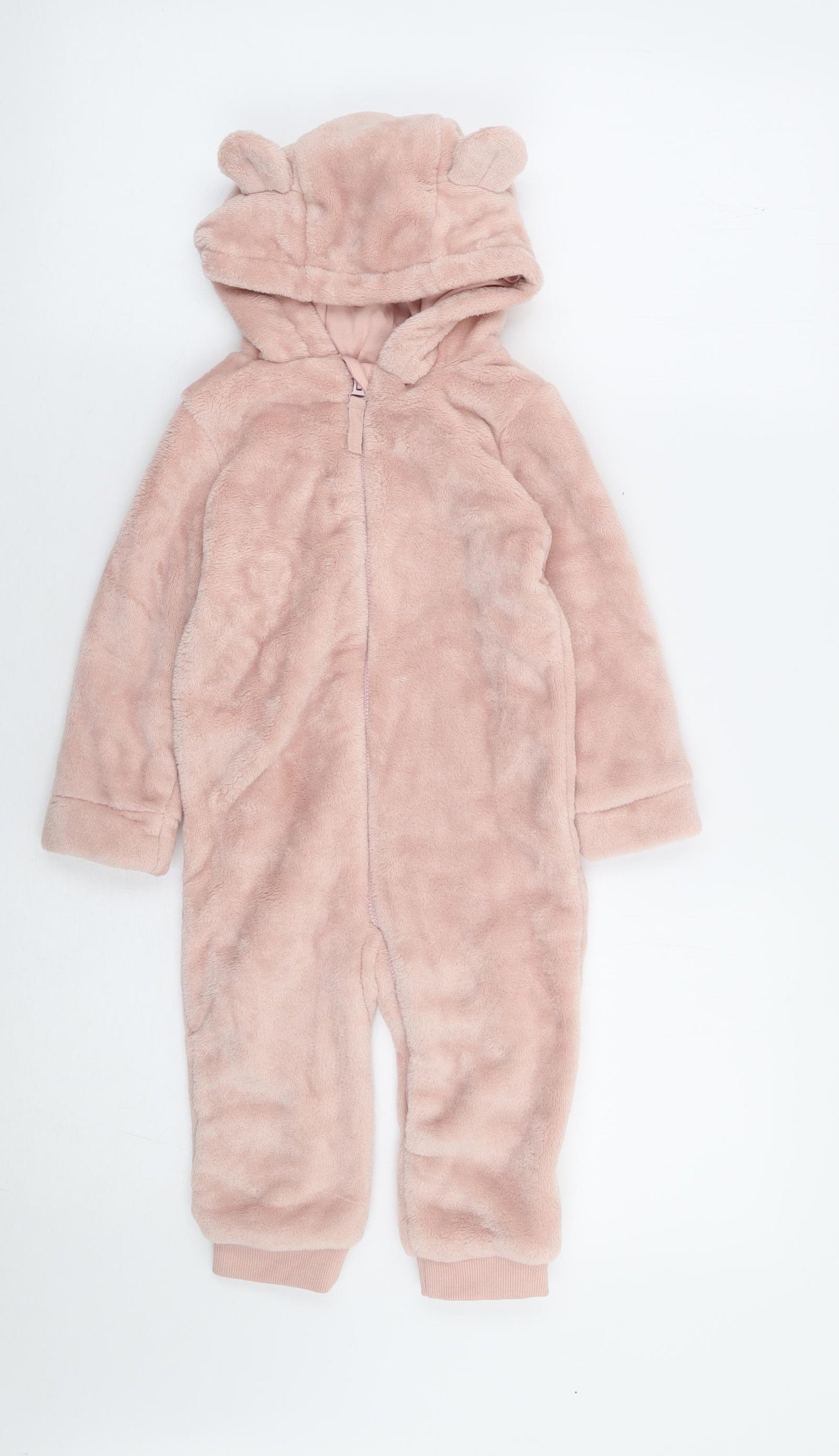 F&F Girls Pink Microfibre Babygrow One-Piece Size 18-24 Months Zip - Bear Ears
