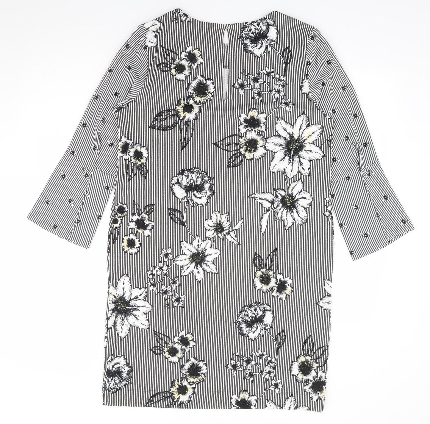 NEXT Womens Black Floral Polyester A-Line Size 12 Round Neck Pullover - Bee, Floral