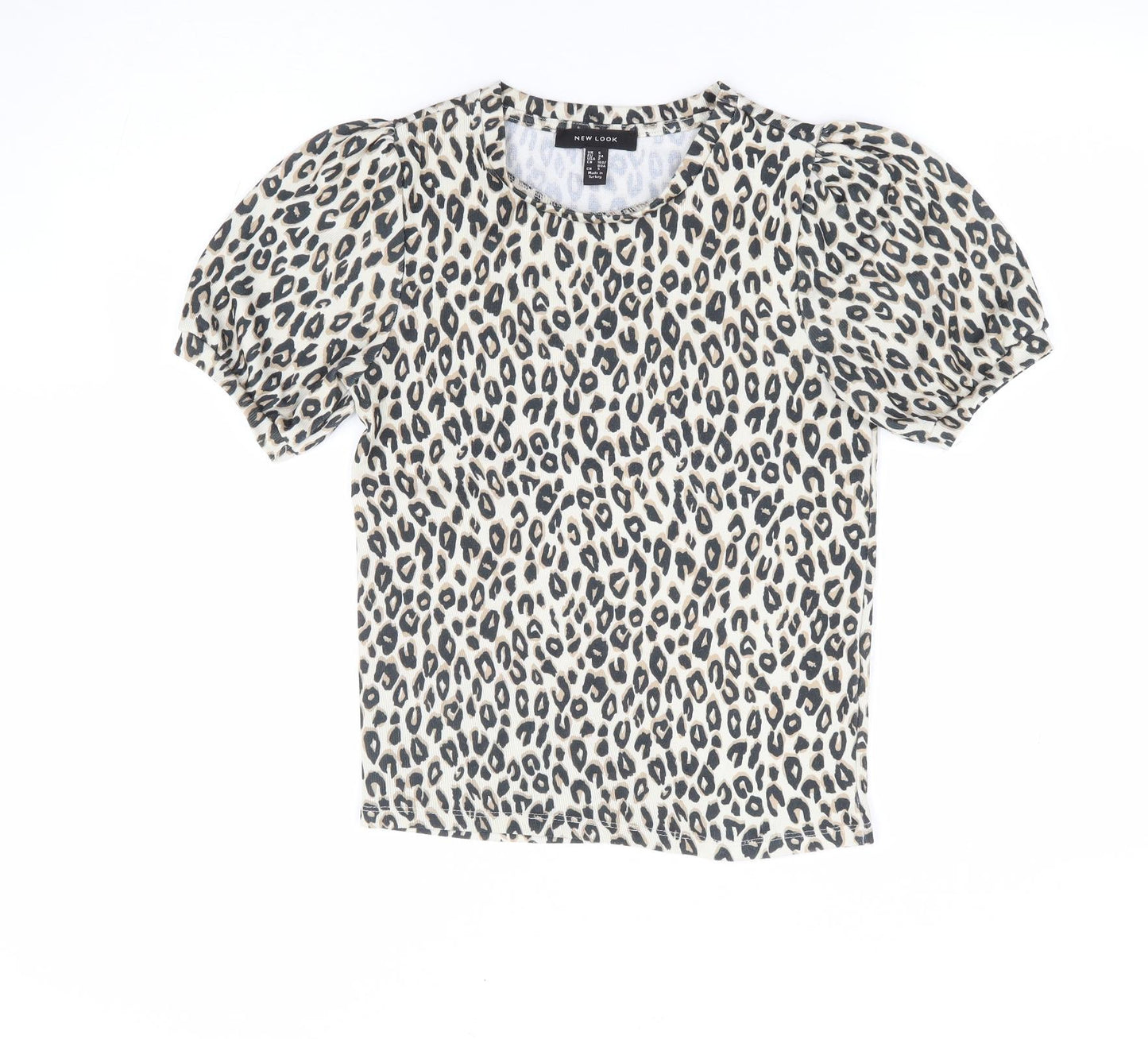 New Look Womens Brown Animal Print Polyester Jersey T-Shirt Size 6 Round Neck - Leopard Print