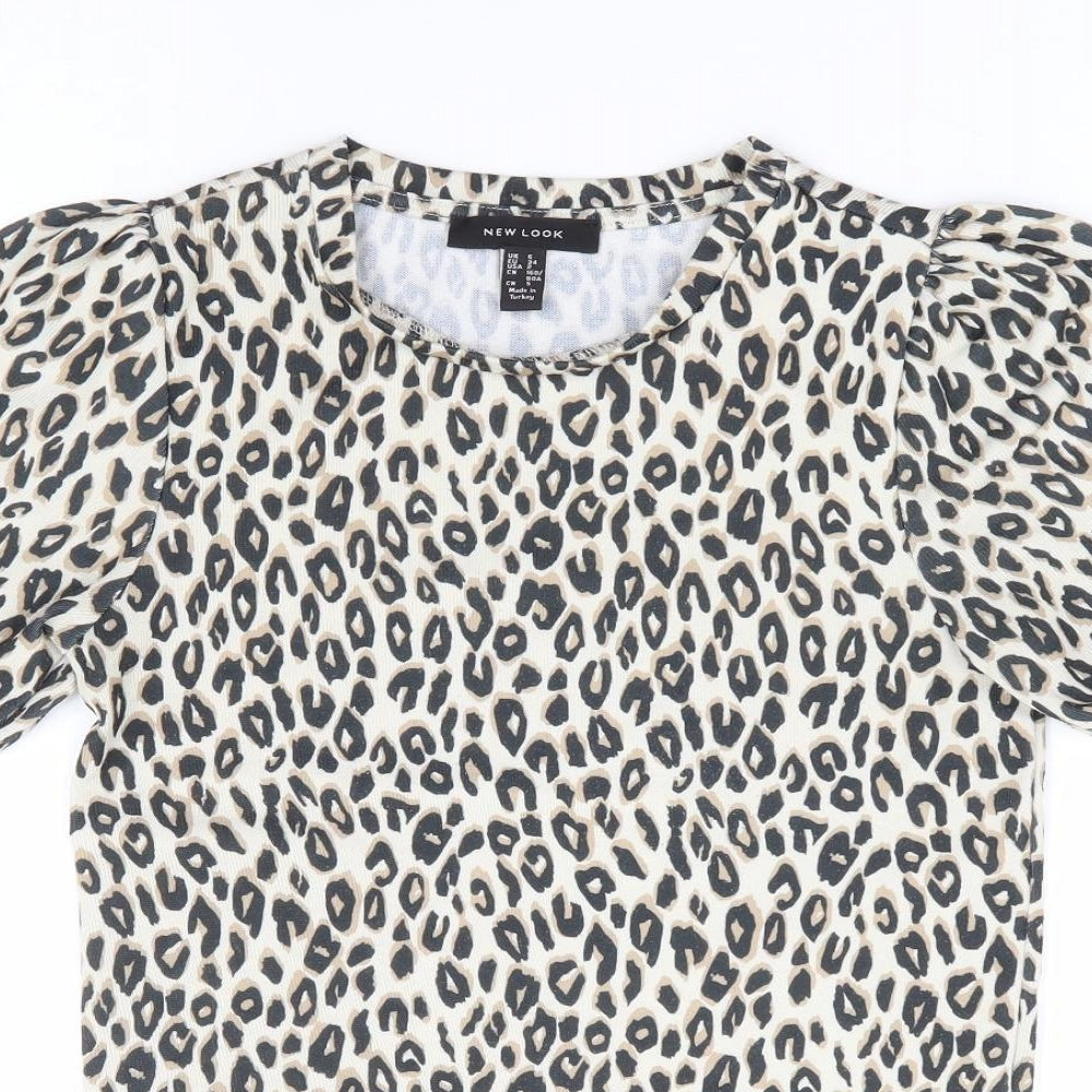 New Look Womens Brown Animal Print Polyester Jersey T-Shirt Size 6 Round Neck - Leopard Print