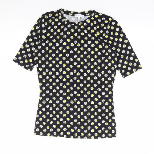 Warehouse Womens Black Floral Viscose Jersey T-Shirt Size 6 Round Neck