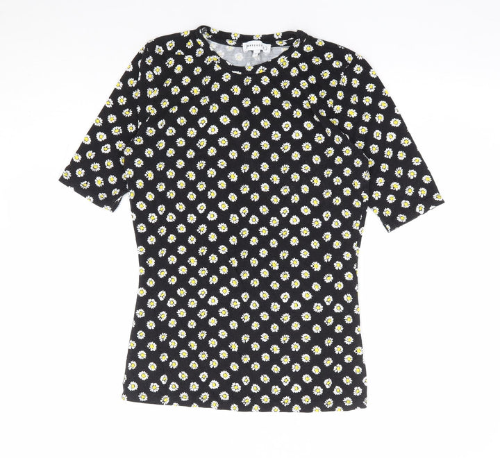 Warehouse Womens Black Floral Viscose Jersey T-Shirt Size 6 Round Neck