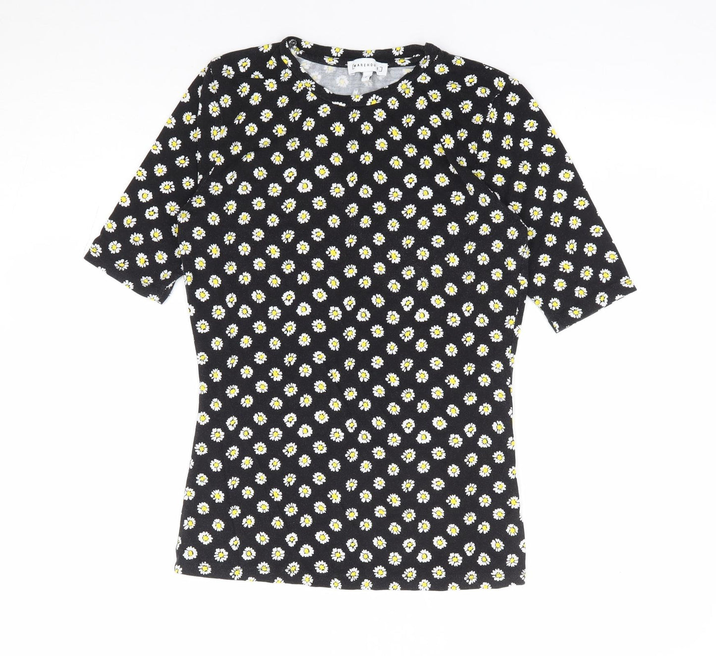 Warehouse Womens Black Floral Viscose Jersey T-Shirt Size 6 Round Neck