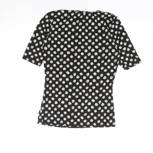 Warehouse Womens Black Floral Viscose Jersey T-Shirt Size 6 Round Neck