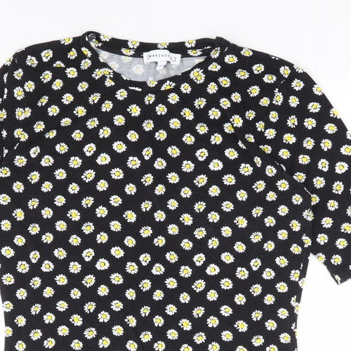Warehouse Womens Black Floral Viscose Jersey T-Shirt Size 6 Round Neck