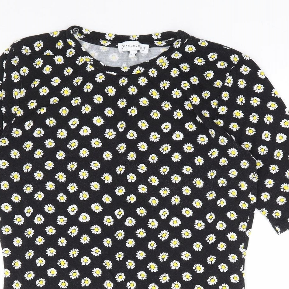 Warehouse Womens Black Floral Viscose Jersey T-Shirt Size 6 Round Neck