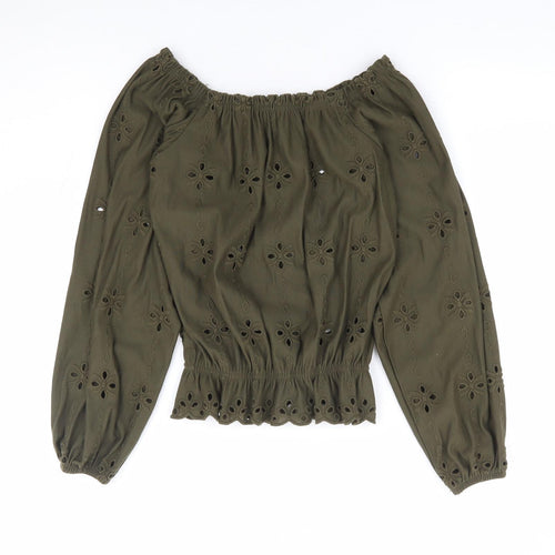 H&M Womens Green Floral Cotton Jersey Blouse Size XS Off the Shoulder