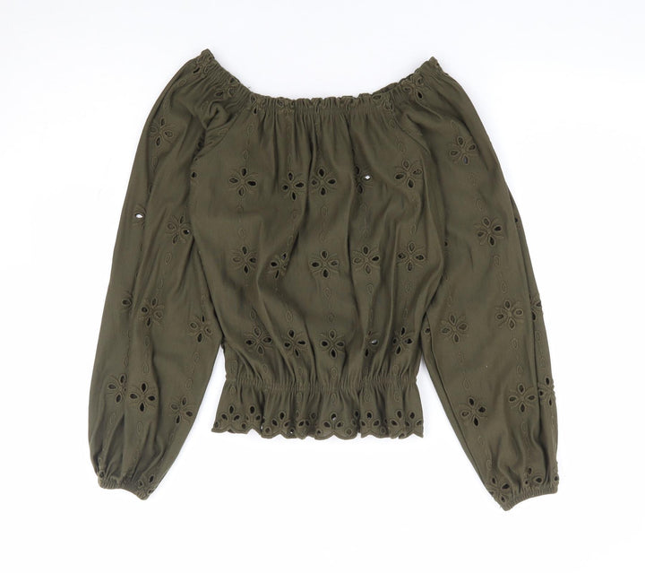 H&M Womens Green Floral Cotton Jersey Blouse Size XS Off the Shoulder