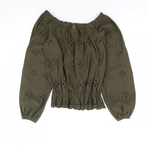 H&M Womens Green Floral Cotton Jersey Blouse Size XS Off the Shoulder