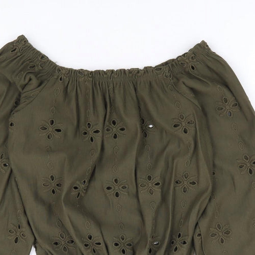 H&M Womens Green Floral Cotton Jersey Blouse Size XS Off the Shoulder