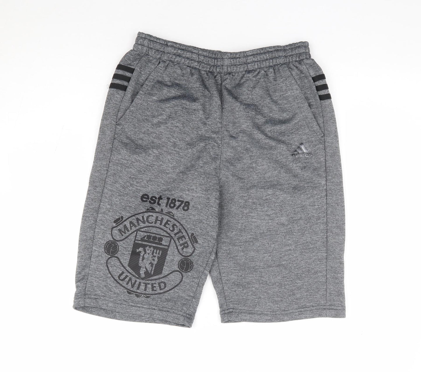 adidas Boys Grey Polyester Sweat Shorts Size 13-14 Years Regular Drawstring - Manchester United