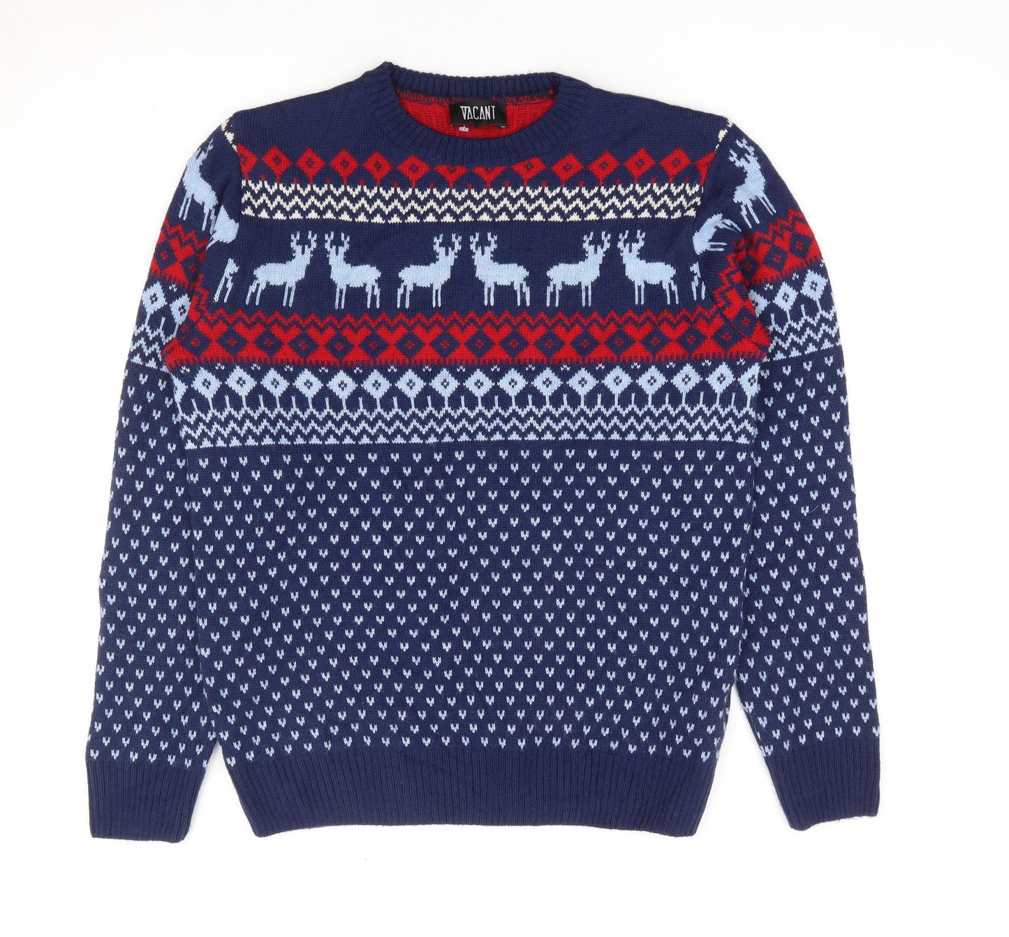 Vacant Mens Blue Crew Neck Geometric Acrylic Pullover Jumper Size M - Christmas