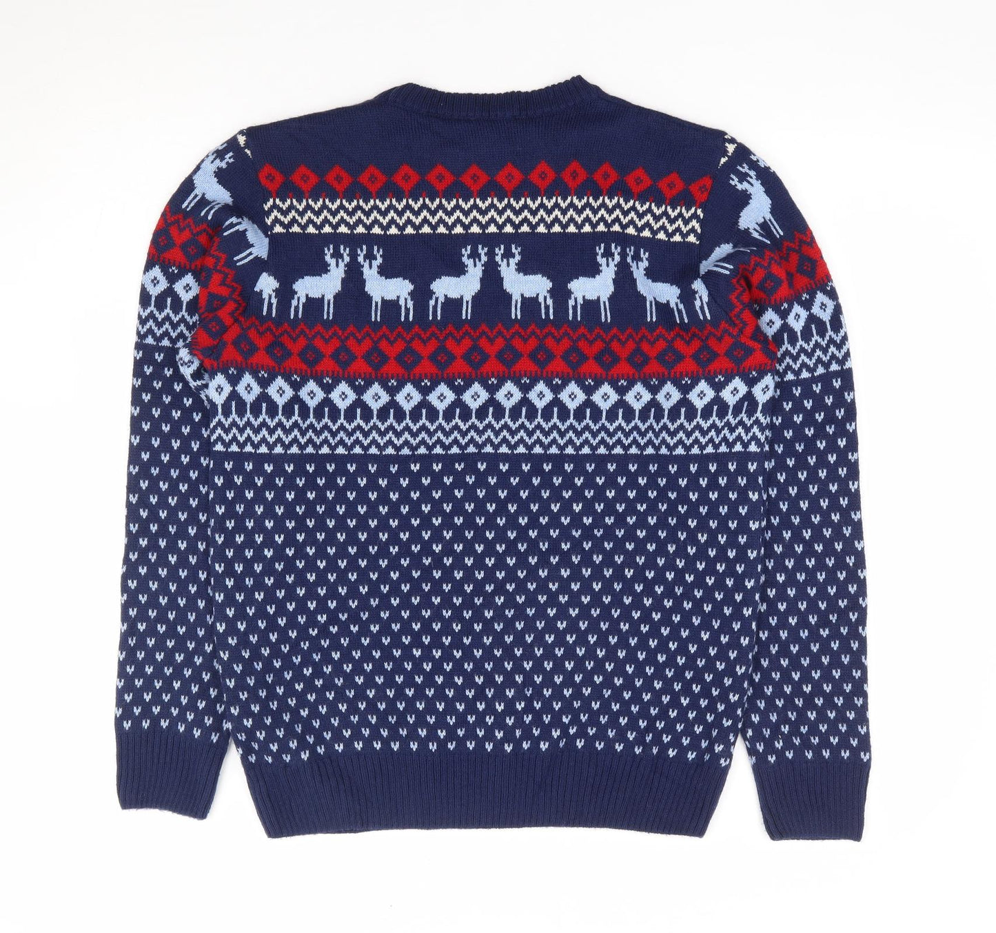 Vacant Mens Blue Crew Neck Geometric Acrylic Pullover Jumper Size M - Christmas