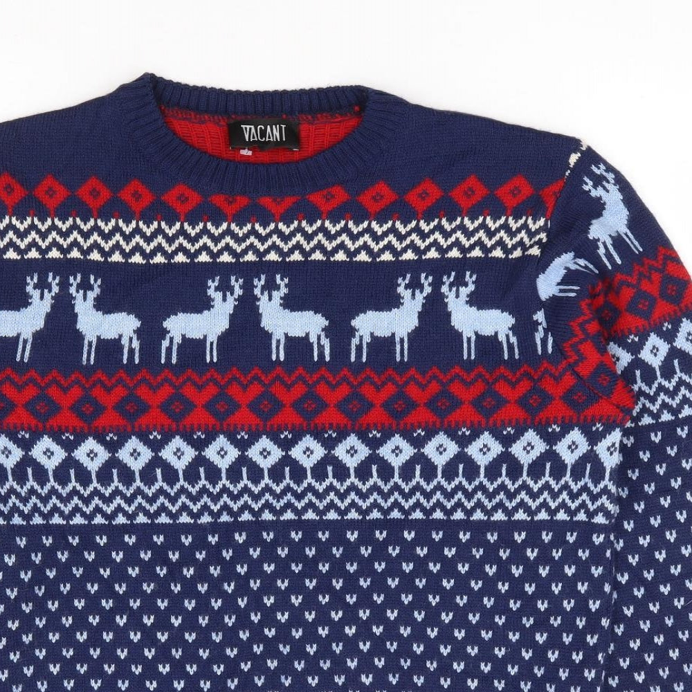 Vacant Mens Blue Crew Neck Geometric Acrylic Pullover Jumper Size M - Christmas