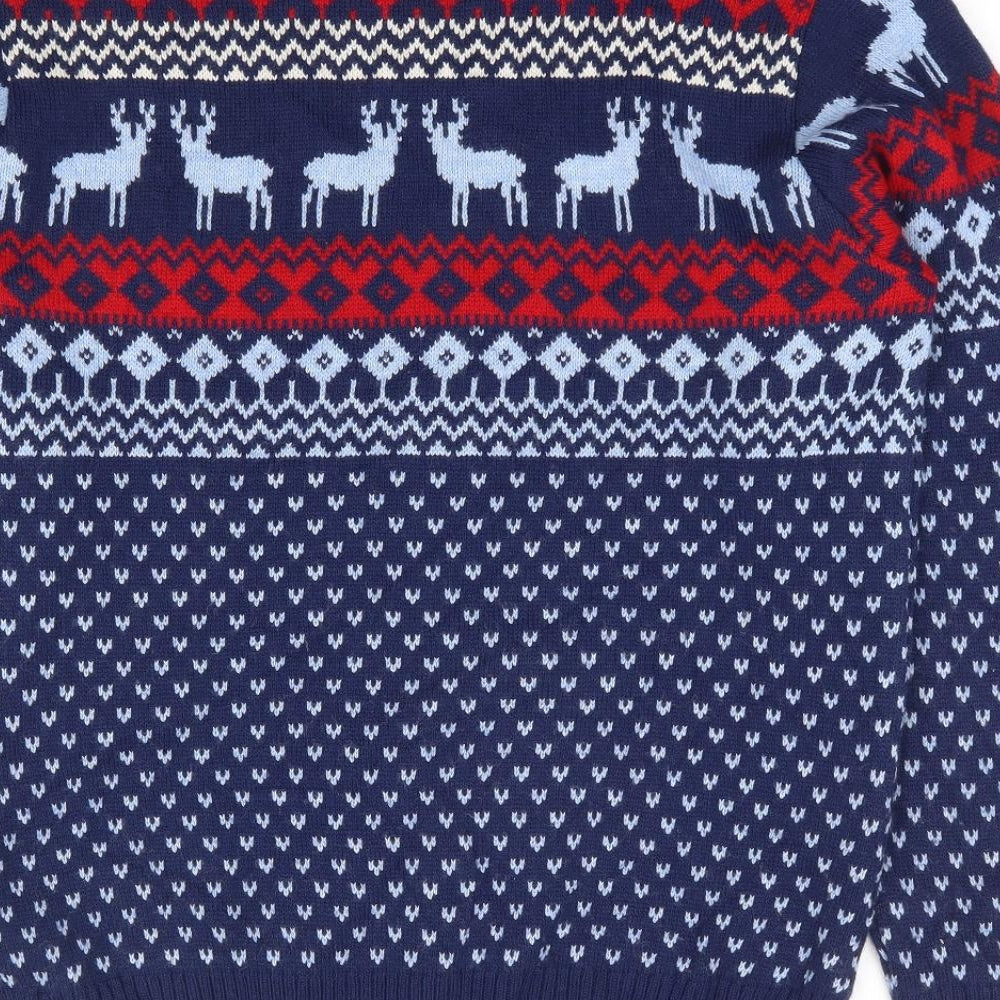 Vacant Mens Blue Crew Neck Geometric Acrylic Pullover Jumper Size M - Christmas