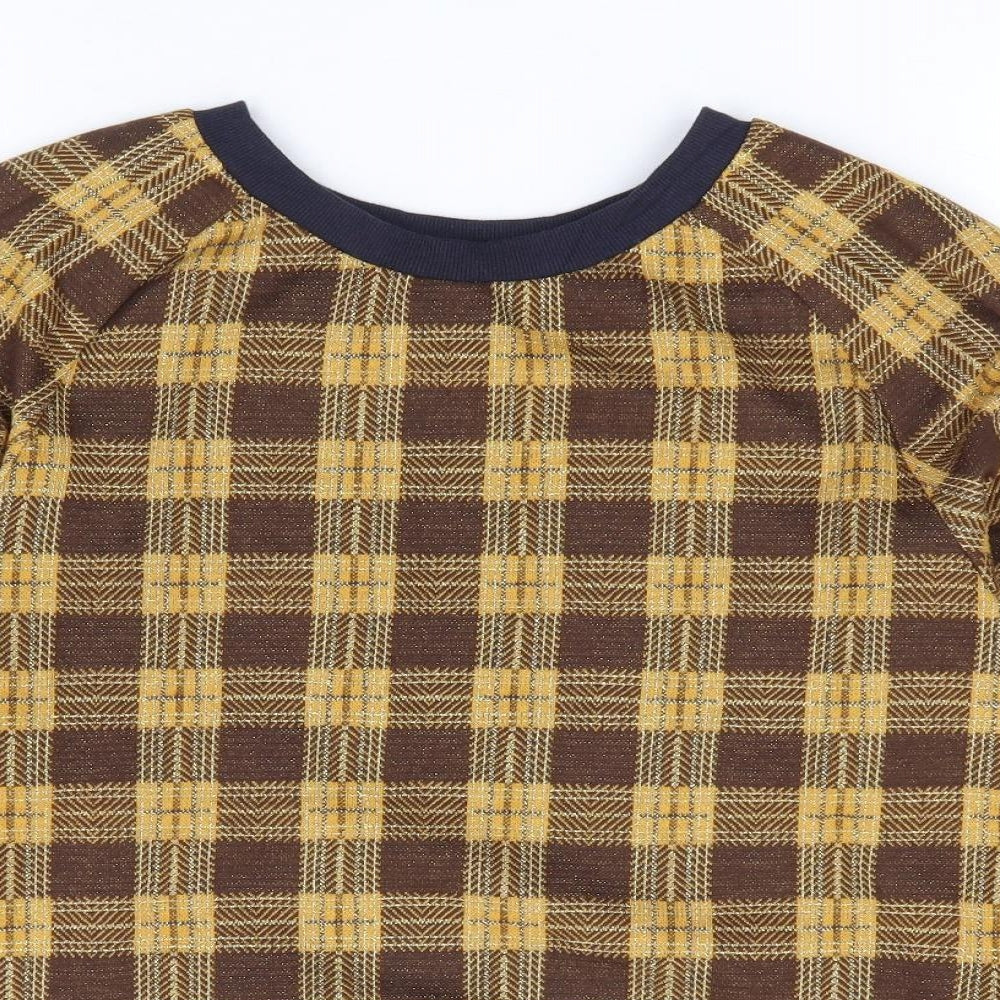 Miss Patina Womens Gold Plaid Polyester Pullover Sweatshirt Size S Pullover