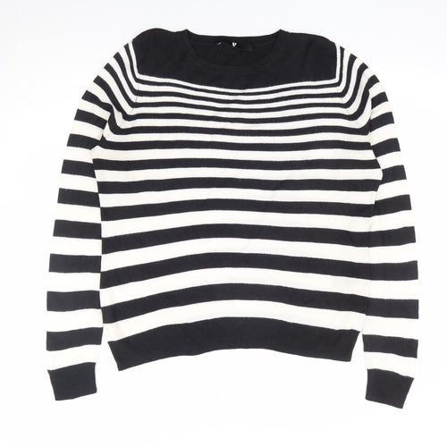 V by Very Womens Black Round Neck Striped Acrylic Pullover Jumper Size 14