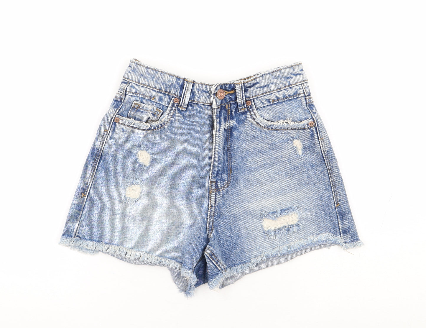 Stradavarius Womens Blue Cotton Hot Pants Shorts Size 6 L3 in Regular Zip - Distressed