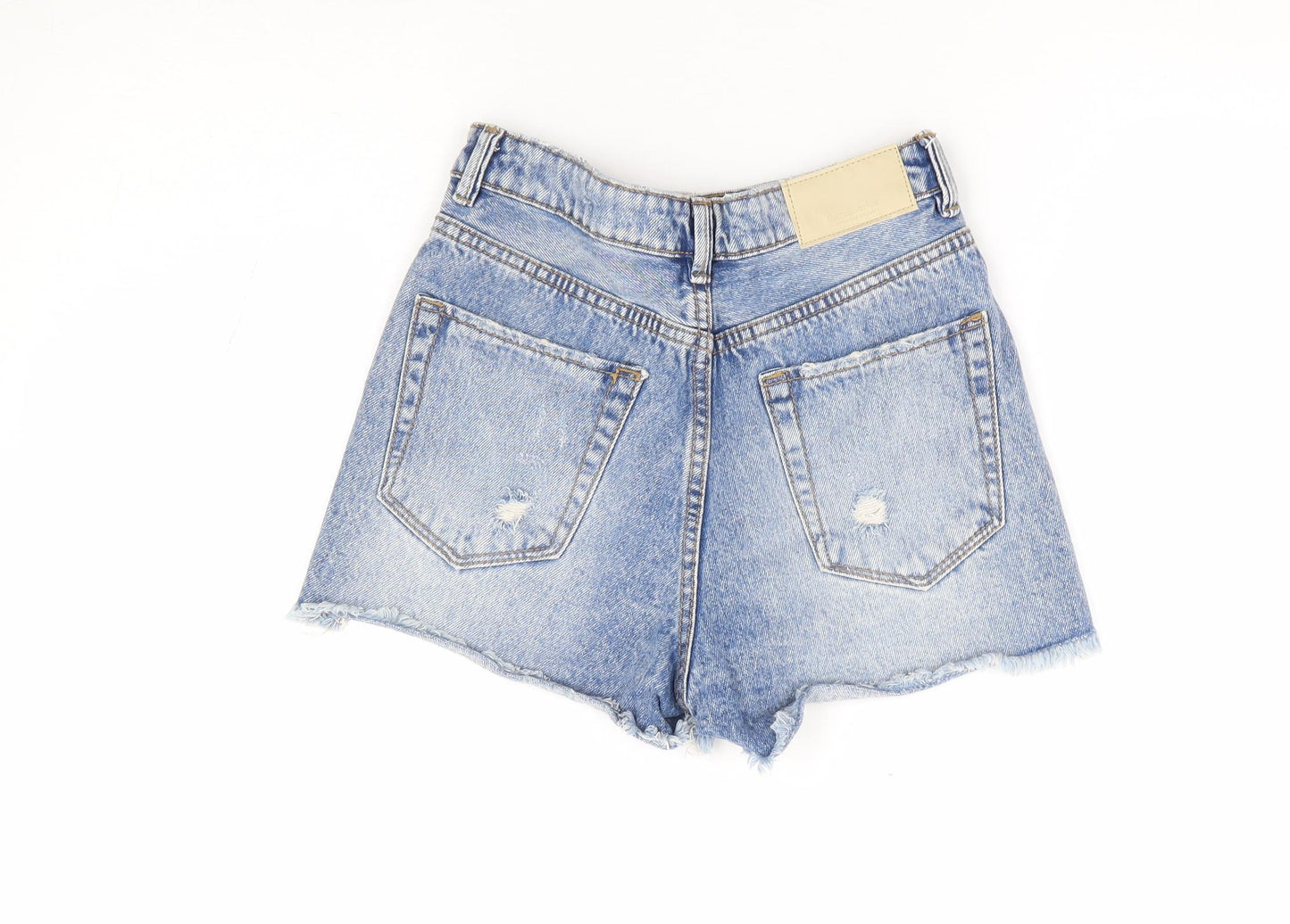 Stradavarius Womens Blue Cotton Hot Pants Shorts Size 6 L3 in Regular Zip - Distressed