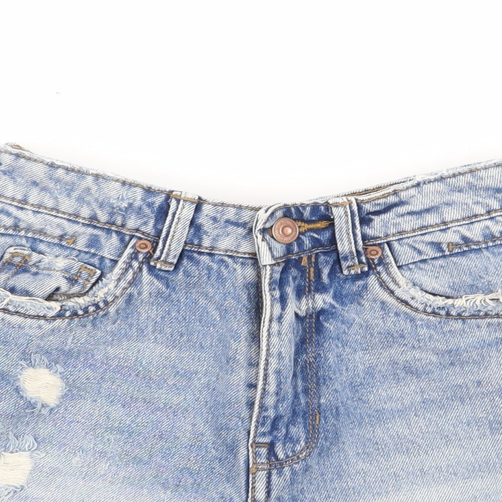 Stradavarius Womens Blue Cotton Hot Pants Shorts Size 6 L3 in Regular Zip - Distressed