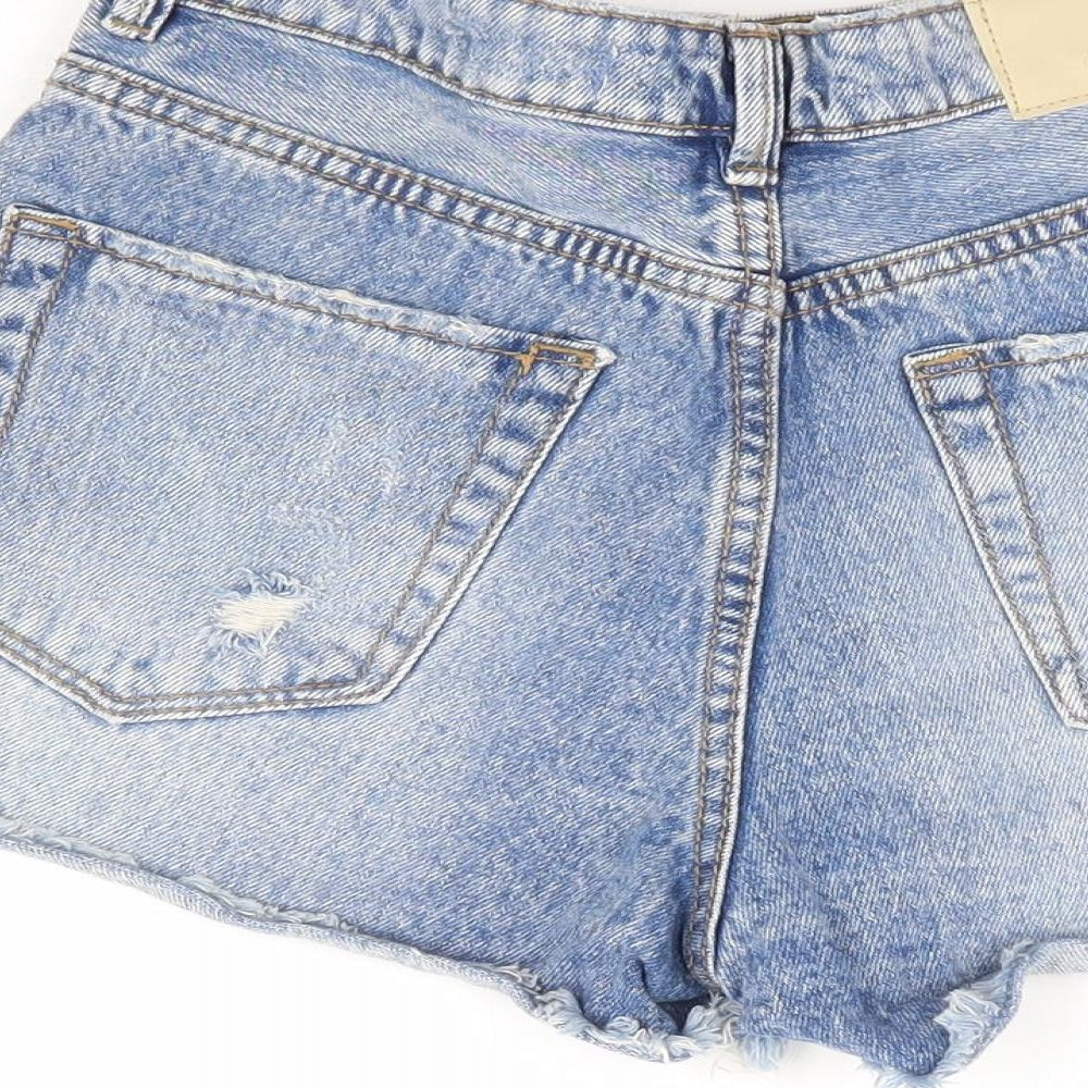 Stradavarius Womens Blue Cotton Hot Pants Shorts Size 6 L3 in Regular Zip - Distressed