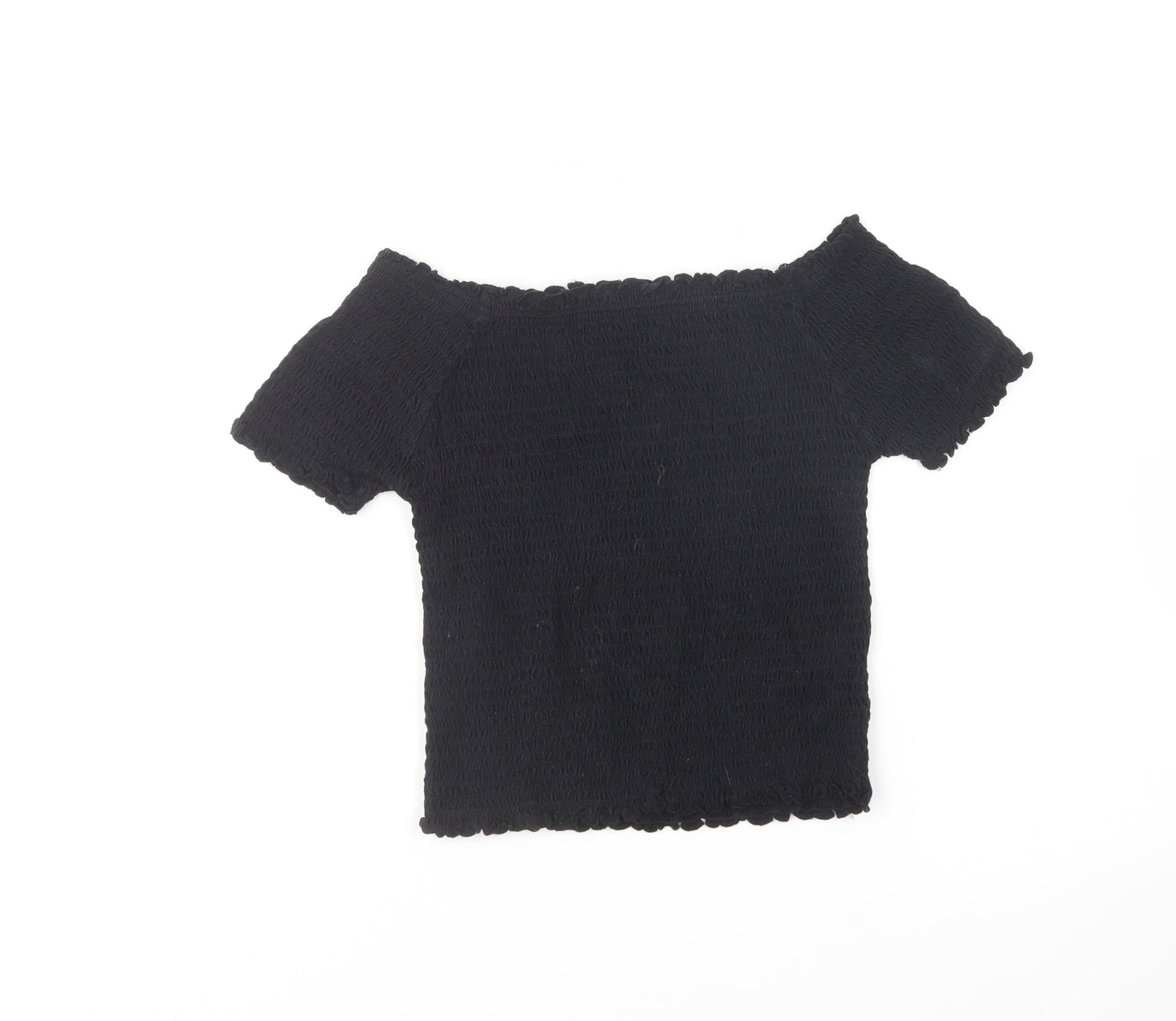 Primark Girls Black Cotton Cropped T-Shirt Size 11-12 Years Boat Neck Pullover - Lettuce Hem