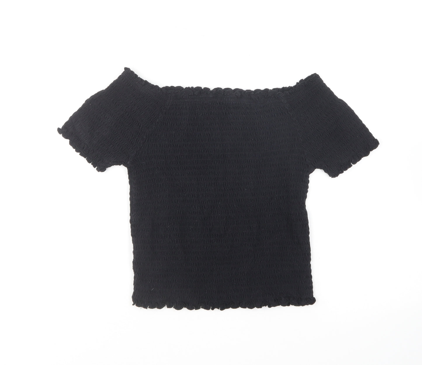 Primark Girls Black Cotton Cropped T-Shirt Size 11-12 Years Boat Neck Pullover - Lettuce Hem