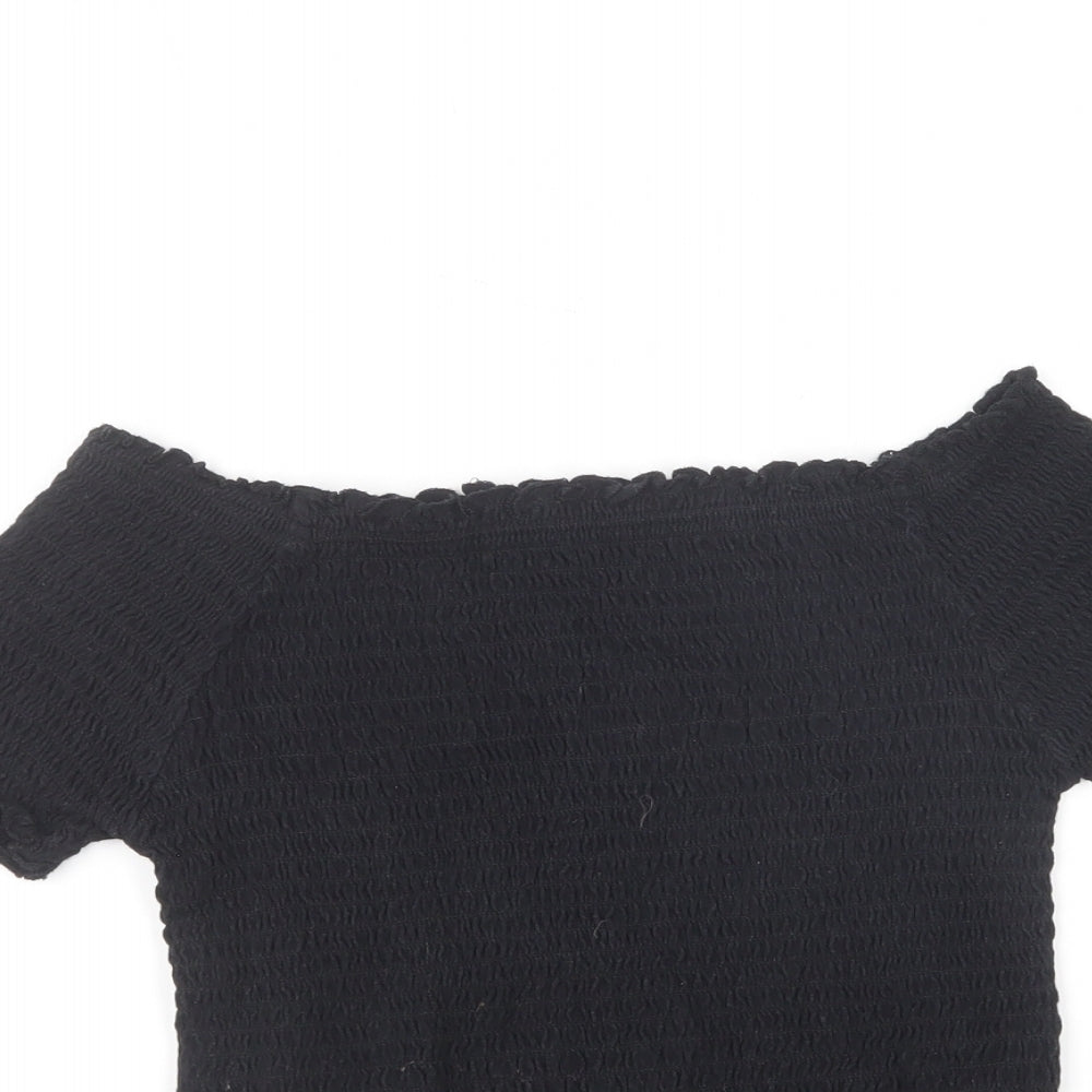 Primark Girls Black Cotton Cropped T-Shirt Size 11-12 Years Boat Neck Pullover - Lettuce Hem