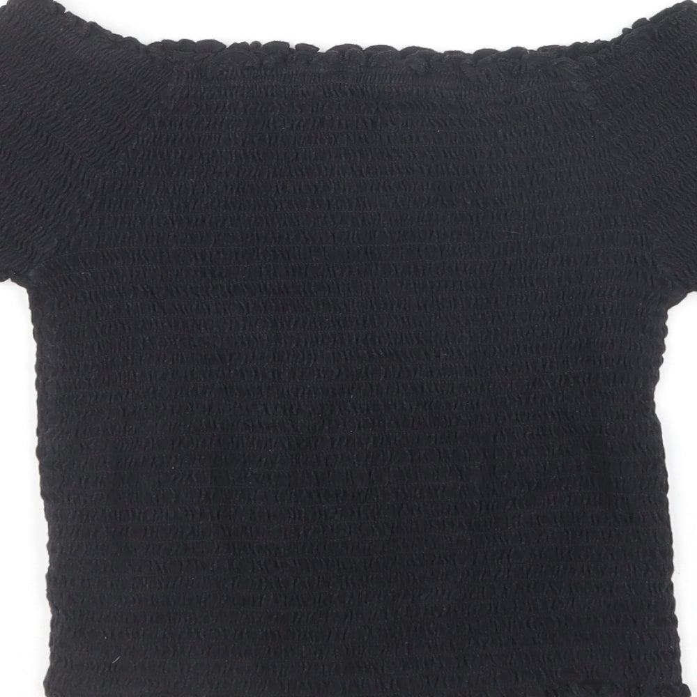 Primark Girls Black Cotton Cropped T-Shirt Size 11-12 Years Boat Neck Pullover - Lettuce Hem
