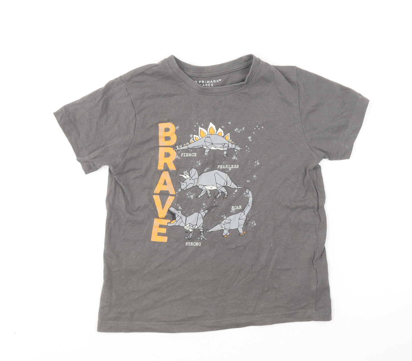 Primark Boys Grey Cotton Basic T-Shirt Size 7-8 Years Round Neck Pullover - Dinasours