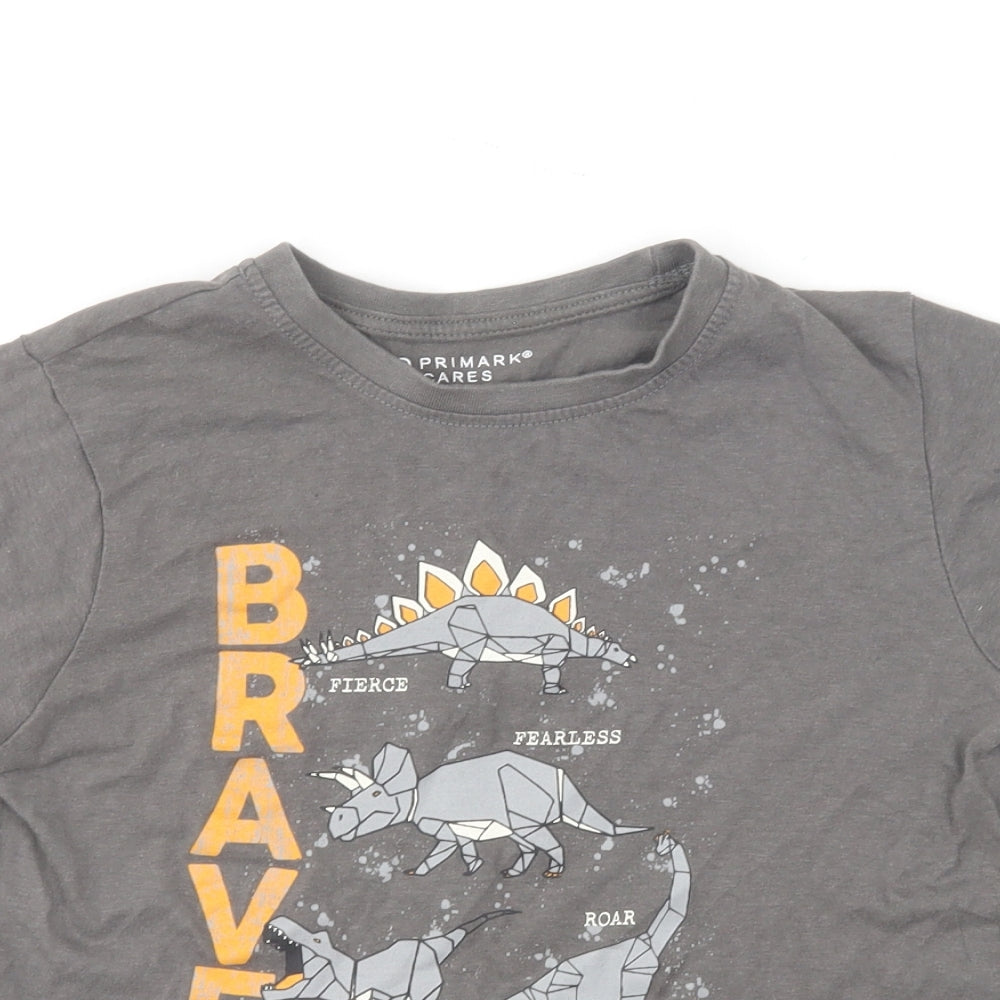 Primark Boys Grey Cotton Basic T-Shirt Size 7-8 Years Round Neck Pullover - Dinasours