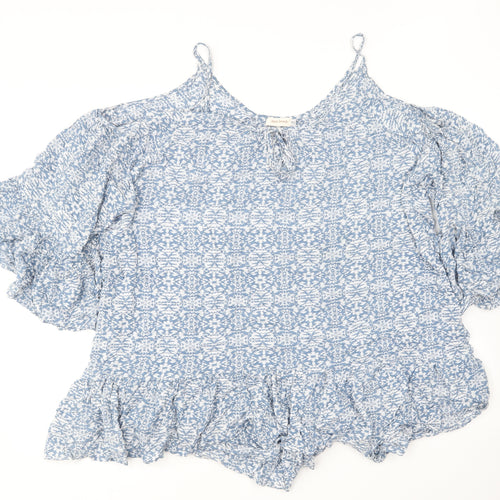 Mels Beach Womens Blue Floral Polyester Basic Blouse One Size Round Neck