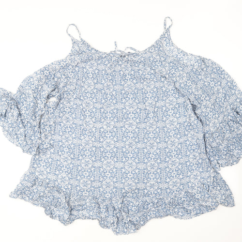 Mels Beach Womens Blue Floral Polyester Basic Blouse One Size Round Neck