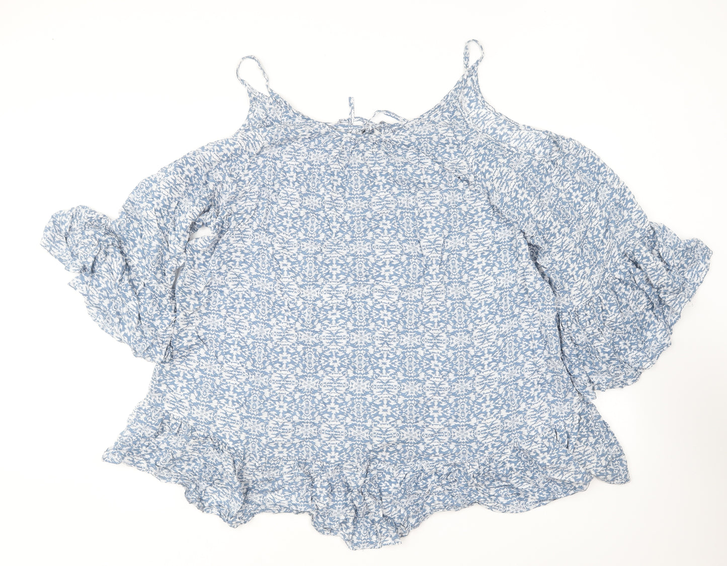 Mels Beach Womens Blue Floral Polyester Basic Blouse One Size Round Neck