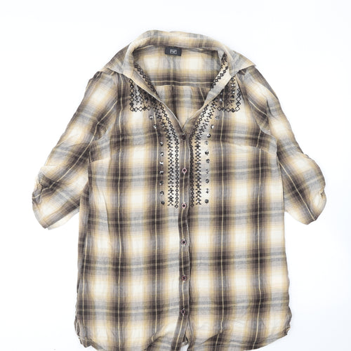 F&F Womens Brown Plaid Cotton Basic Button-Up Size 12 Collared