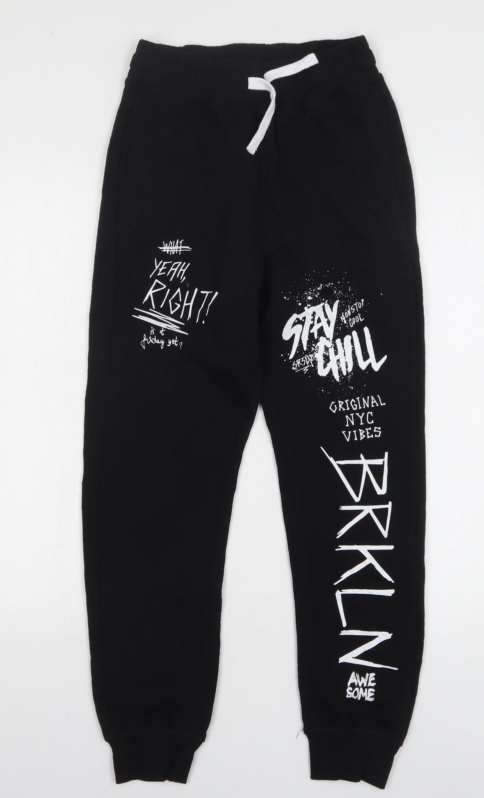 H&M Boys Black Geometric Cotton Sweatpants Trousers Size 13 Years Regular Drawstring - Brooklyn