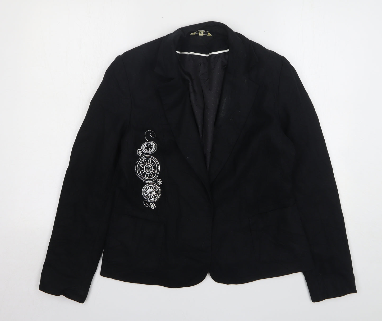 Klass Womens Black Linen Jacket Blazer Size 12 - Embroidered