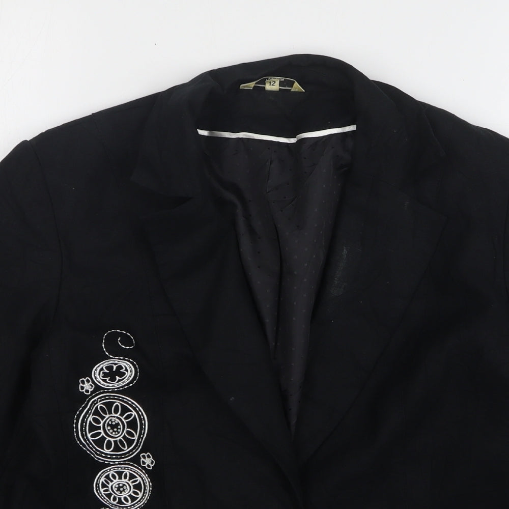 Klass Womens Black Linen Jacket Blazer Size 12 - Embroidered
